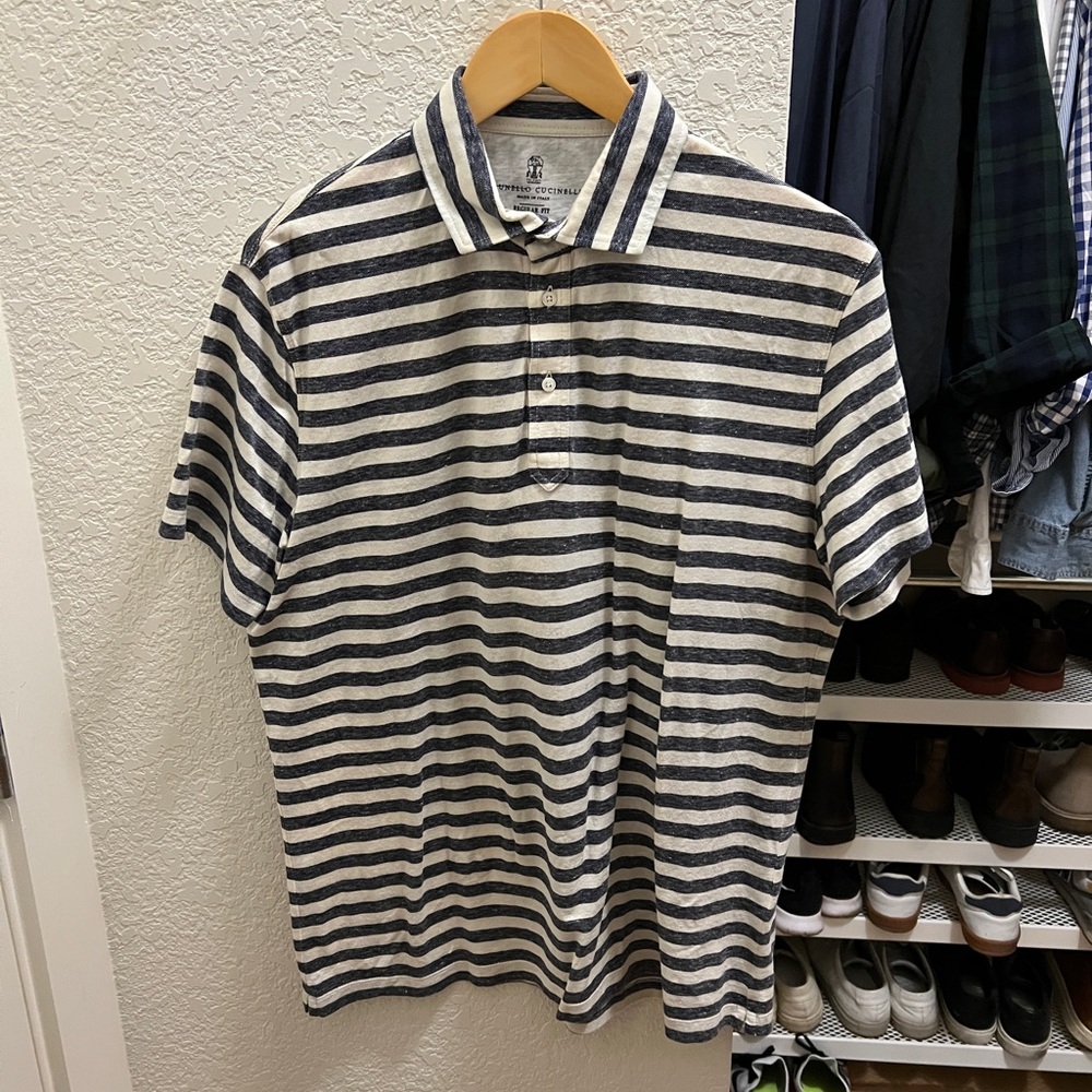 Brunello Cucinelli Striped Cotton Linen Polo Shirt